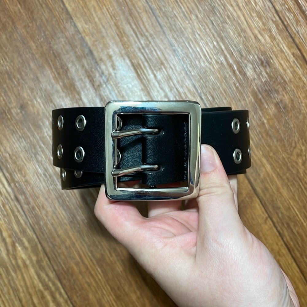 Black pleather belt with silver hardware